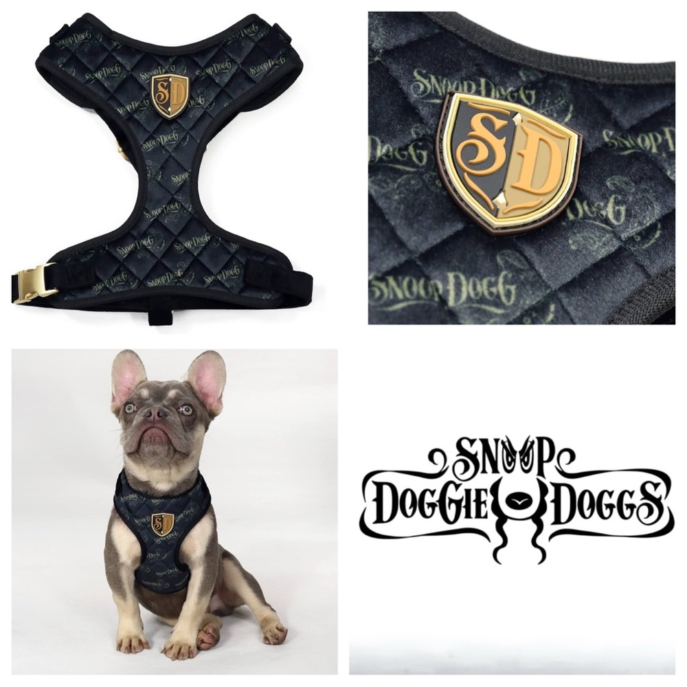 Snoop Dogg Quilted Velvet Pet Harness w/logo Pattern & Gold-Tone Metal Hardware